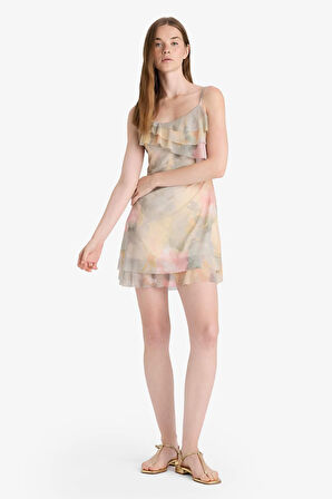 Fırfırlı Yaka Floral Tül Askılı Mini Elbise