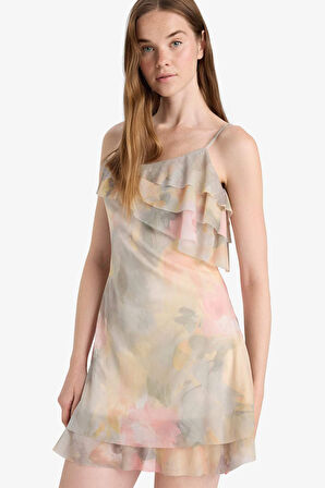 Fırfırlı Yaka Floral Tül Askılı Mini Elbise