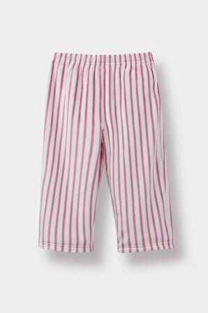 Kız Bebek Pijama Takımı Tavşan Baskılı Uzun Kollu Velur Üst Çizgili  Uzun Alt