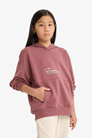 Kız Çocuk Oversize Geniş Kalıp Kapüşonlu Sırt Baskılı Sweatshirt