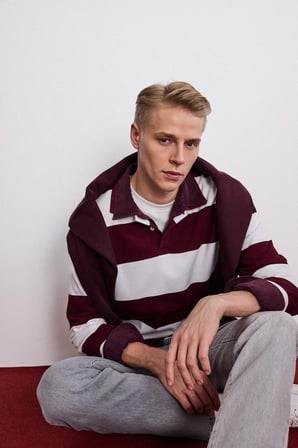 DeFacto Boxy Fit Polo Yaka Çizgili Sweatshirt G5091AX25WNBR194