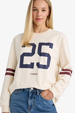 Loose Fit Bisiklet Yaka Baskılı Sweatshirt