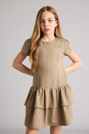 Kısa Kollu Gabardin Elbise Kız Çocuk