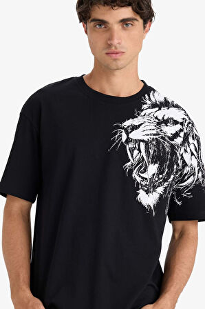 Boxy Fit Bisiklet Yaka Baskılı Kısa Kollu Tişört