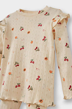 Kız Bebek Pijama Takımı Meyve Desenli Uzun Kollu Fitilli Kaşkorse Üst Uzun Alt