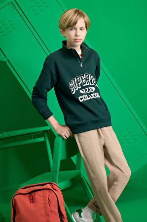 Erkek Çocuk Dik Yaka Fermuarlı Baskılı Okul Sweatshirt