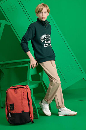 Erkek Çocuk Dik Yaka Fermuarlı Baskılı Okul Sweatshirt