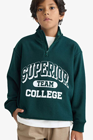 Erkek Çocuk Dik Yaka Fermuarlı Baskılı Okul Sweatshirt