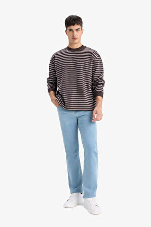 Relax Fit Bisiklet Yaka Çizgili Sweatshirt