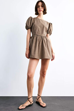 Fitted Kareli Poplin Kısa Kollu Mini Elbise