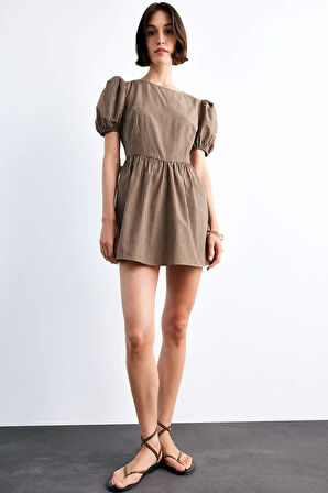 Fitted Kareli Poplin Kısa Kollu Mini Elbise