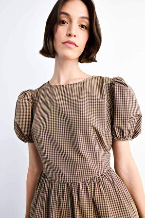 Fitted Kareli Poplin Kısa Kollu Mini Elbise