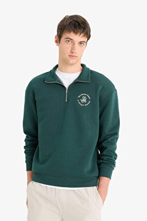 Boxy Fit Dik Yaka Fermuarlı Baskılı Sweatshirt 