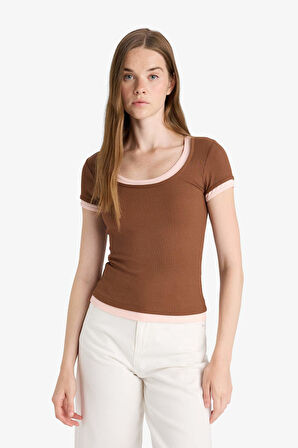 U Yaka Fitilli Kaşkorse Kısa Kollu Tişört