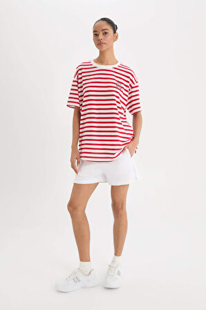 DeFactoFit  Oversize Geniş Kalıp Bisiklet Yaka Çizgili Baskılı Sporcu Kısa Kollu Tişört E2782AX25SMWT32