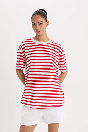 DeFactoFit  Oversize Geniş Kalıp Bisiklet Yaka Çizgili Baskılı Sporcu Kısa Kollu Tişört E2782AX25SMWT32