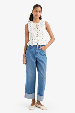 Fitted Bisiklet Yaka Çiçek Desenli Önden Bağlamalı Poplin Kolsuz Bluz