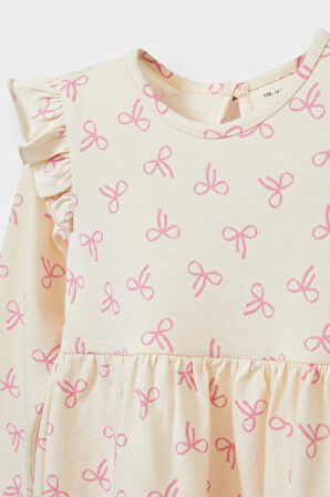 Kız Bebek Kalp Baskılı Uzun Kollu Elbise