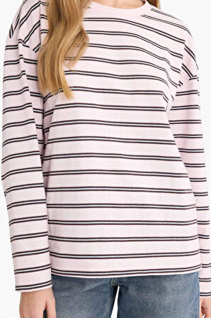 Loose Fit Bisiklet Yaka Çizgili Sweatshirt