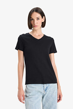 Slim Fit Dar Kesim V Yaka Basic Düz Ribana Kısa Kollu Tişört