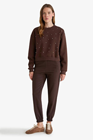 Boxy Fit Bisiklet Yaka İşlemeli Kalın Sweatshirt Kumaşı Sweatshirt