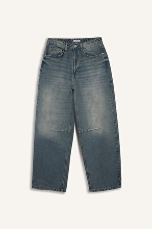 Barrel Fit Yüksek Bel Bilek Boy Jean Yıkamalı Pantolon