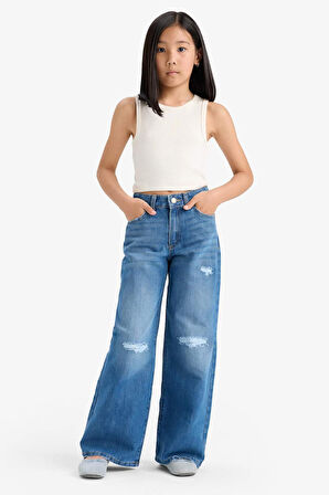 Kız Çocuk Wide Leg Yırtık Detaylı Geniş Paça Jean Pantolon