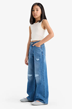 Kız Çocuk Wide Leg Yırtık Detaylı Geniş Paça Jean Pantolon