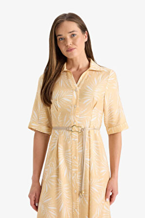 Gömlek Yaka Desenli Bağcıklı Kısa Kollu Midi Elbise