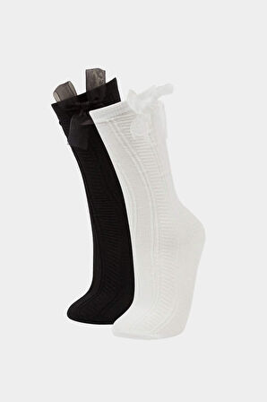 Kız Çocuk 2'li Pamuklu Diz Altı Okul Çorabı