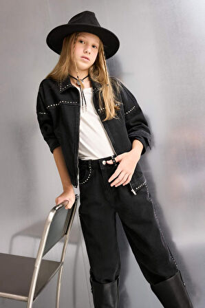 Kız Çocuk Pamuklu Fermuarlı Jean Ceket