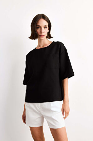 Relax Fit Bisiklet Yaka Dokuma Kısa Kollu Bluz