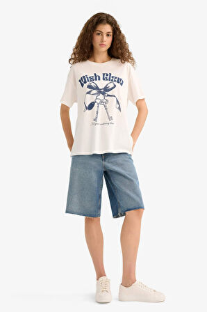 Oversize Geniş Kalıp Bisiklet Yaka Baskılı Kısa Kollu Tişört