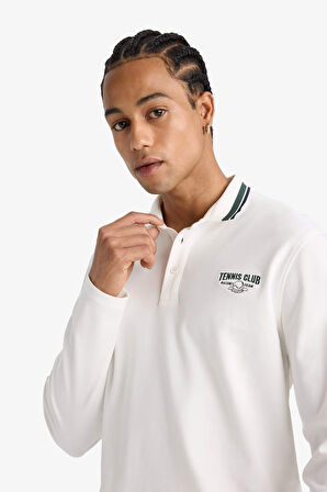 DeFactoFit Standart Fit Polo Yaka Baskılı Sporcu Uzun Kollu Tişört