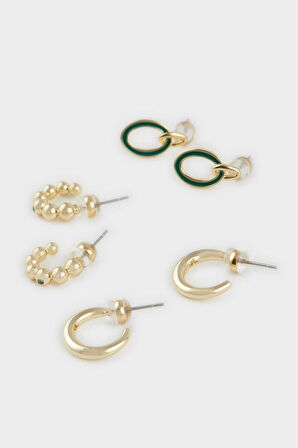 Reis x DeFacto 14 Ayar Altın Kaplama Green Triple Shine Kadın 3'lü Gold ve Yeşil Küpe