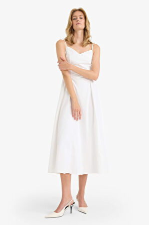 V Yaka Poplin Askılı Midi Elbise
