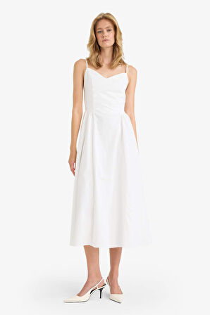 V Yaka Poplin Askılı Midi Elbise