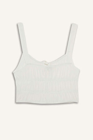 Fitted V Yaka Crop Dokulu Beyaz Askılı Bluz