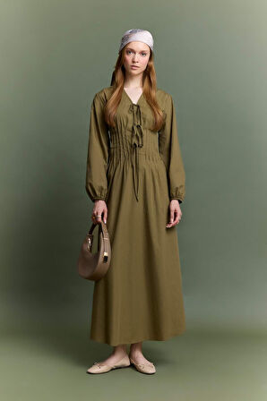 V Yaka Poplin Önden Bağlamalı Uzun KolluMaxi  Elbise