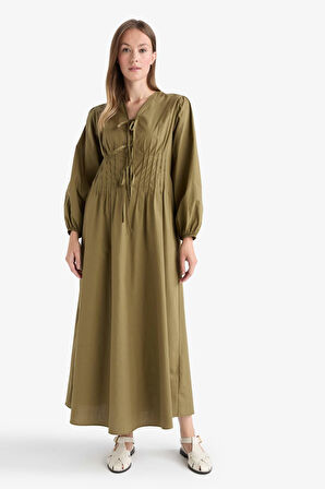 V Yaka Poplin Önden Bağlamalı Uzun KolluMaxi  Elbise