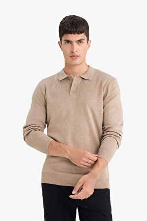 Standart Fit Polo Yaka Düğmeli Triko Kazak