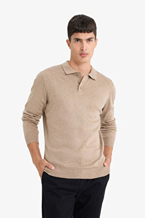 Standart Fit Polo Yaka Düğmeli Triko Kazak