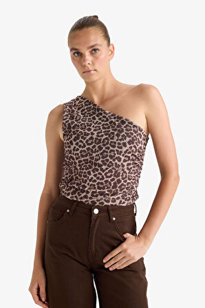 Slim Fit Dar Kesim Leopar Desenli Tek Omuzlu Tül Bluz