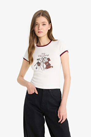 DeFacto Coool Fitted Bisiklet Yaka Baskılı Ribana Kısa Kollu Tişört F5138AX25SMWT32