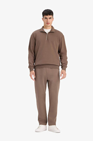 Regular Fit Dik Yaka Yarım Fermuarlı İçi Yumuşak Tüylü Basic Düz Sweatshirt
