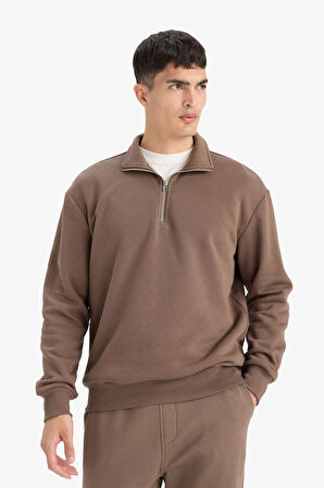 Regular Fit Dik Yaka Yarım Fermuarlı İçi Yumuşak Tüylü Basic Düz Sweatshirt