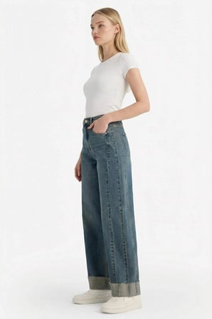Defacto F8238AXNM34 Mavi %100 Pamuk Barrel Fıt Yüksek Bel Jean Pantolon