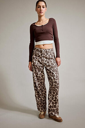 Baggy Fit Leopar Desenli Jean Pantolon