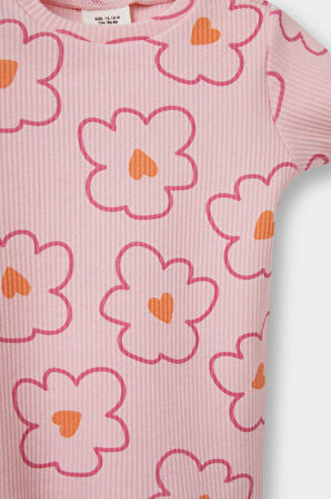 Kız Bebek Bisiklet Yaka Çiçek Desenli Fitilli Kaşkorse Kısa Kollu Tişört 