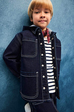 Erkek Bebek Kapüşonlu Düğmeli Denim Ceket